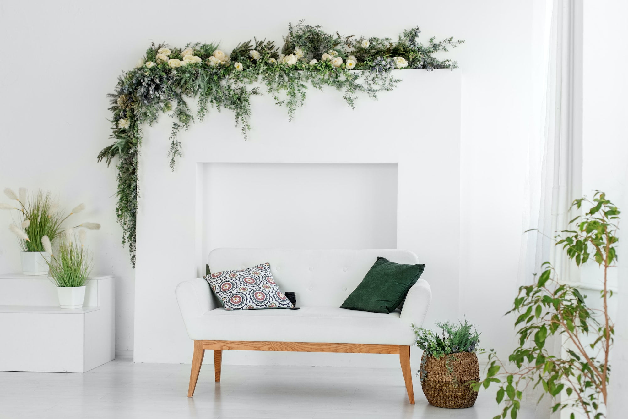 Beautiful interior room with a sofa. Minimalism. Concept design, renovation, housing, home.